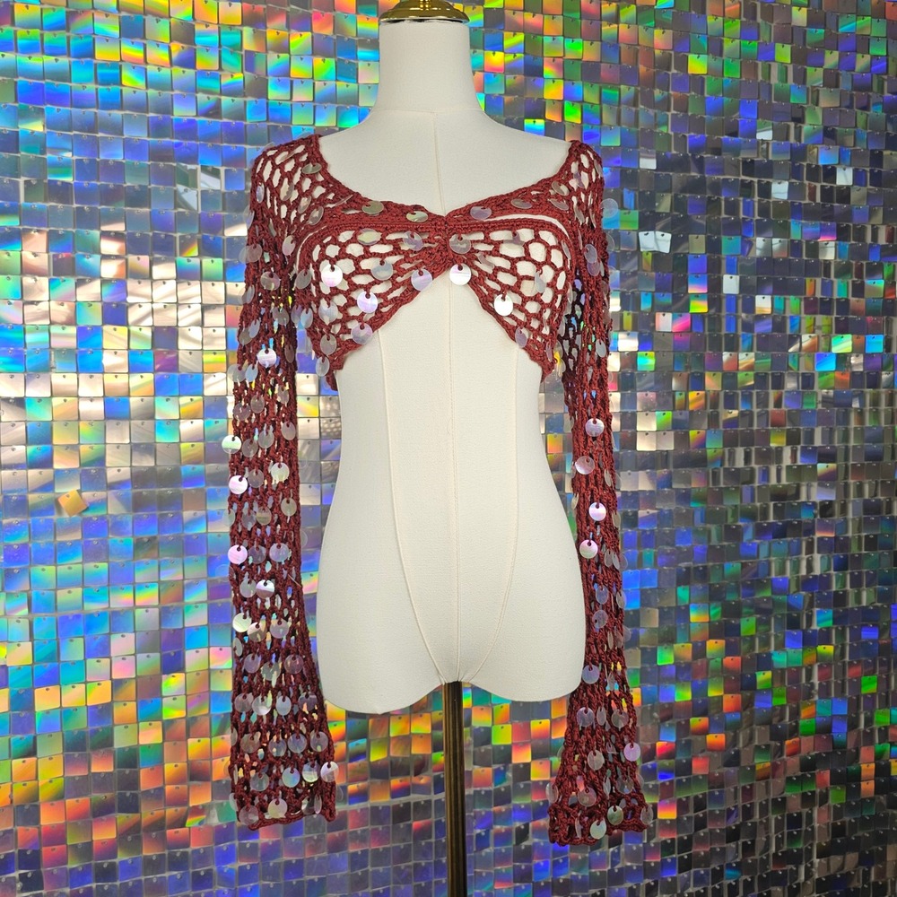 Finesse Crochet Sequin Shrug Women M/L Burgundy Excellent Festival Rave Top